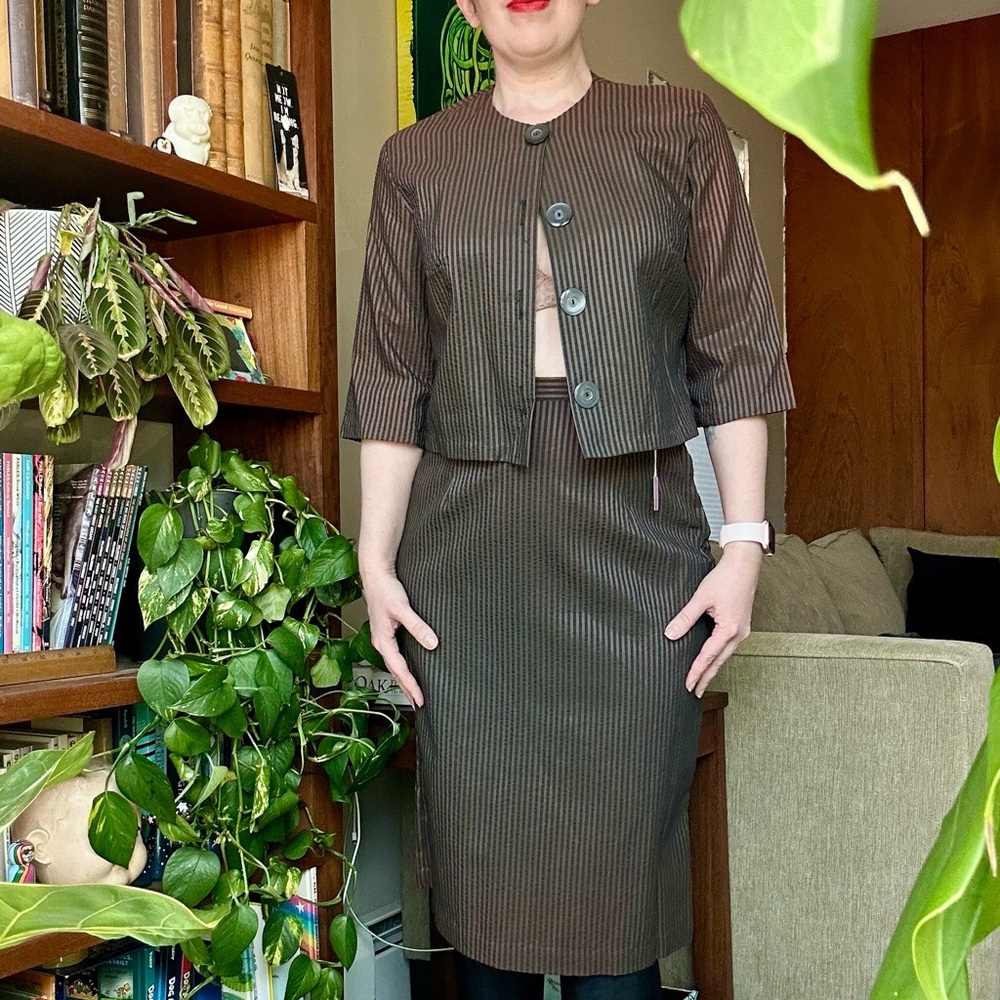 Vintage Brown Pinstripe Skirt Suit Set
